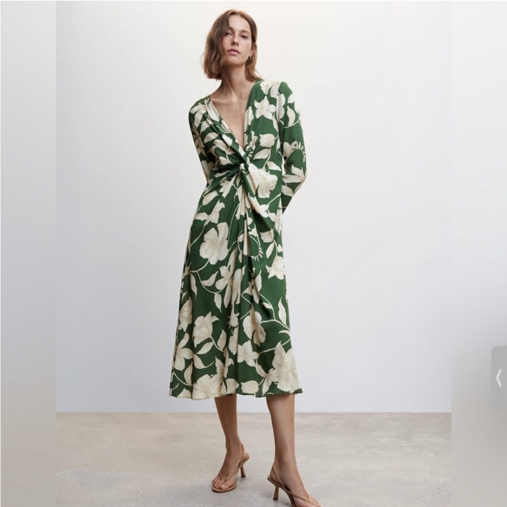 Mango Olive Green Midi Dress with Cream Floral Print
